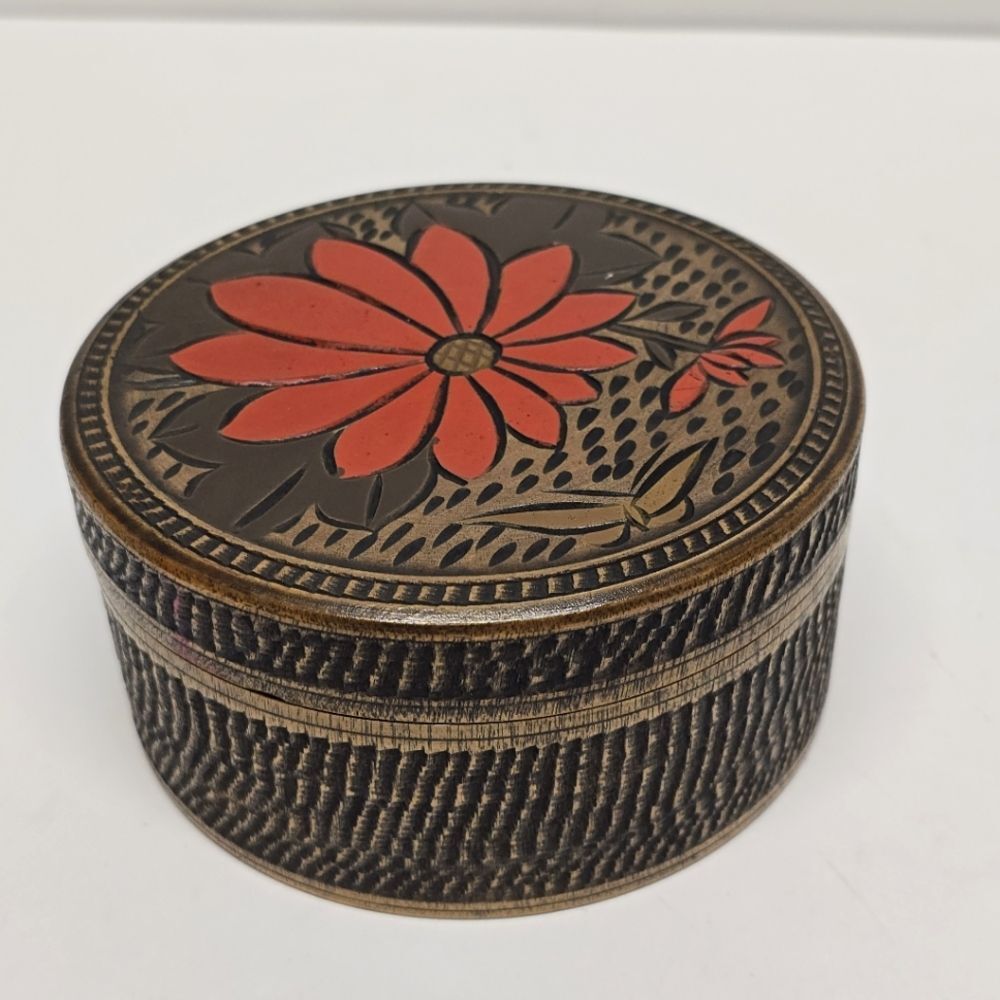 Vintage Japanese Round Wooden Trinket Jewelry Box Floral Theme